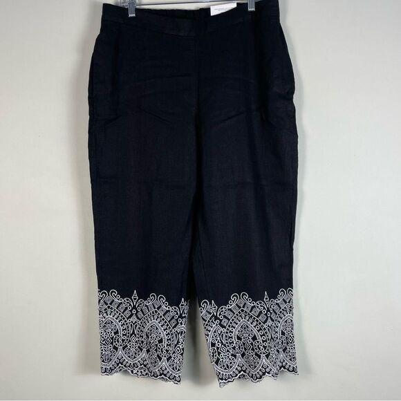 Chico's Linen Embroidered Eyelet Straight Leg Pull On Pants Size 14 Cropped‎ NEW - Picture 1 of 8